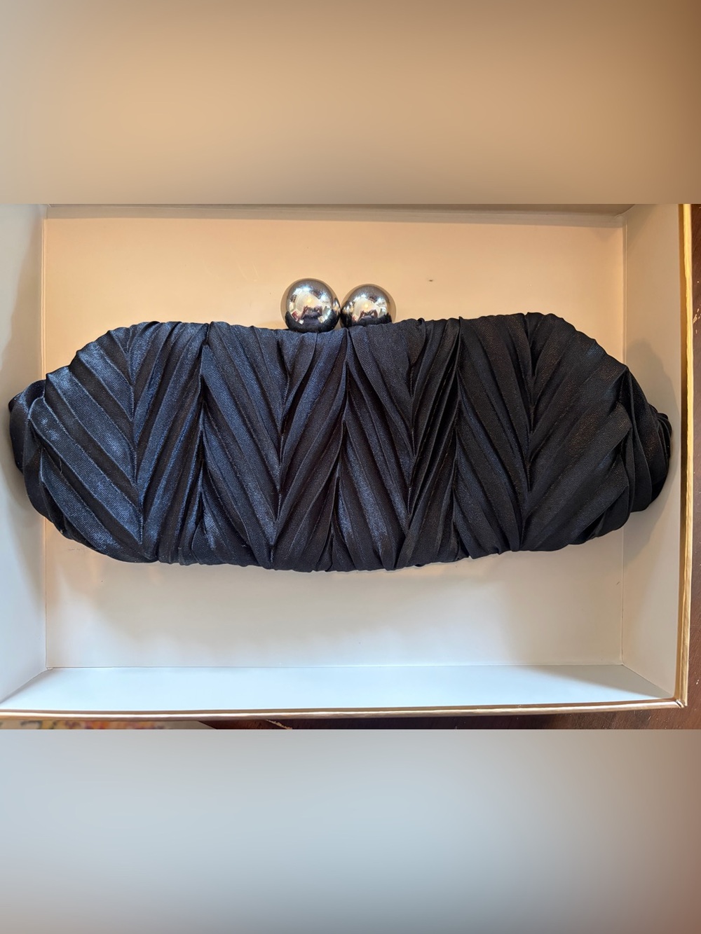 Elegant Black Pleated Evening Clutch with Silver Ball Closure